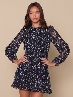 Lulu's Too Cute Mini Dress Navy Blue Floral Print Smocked Long Sleeve